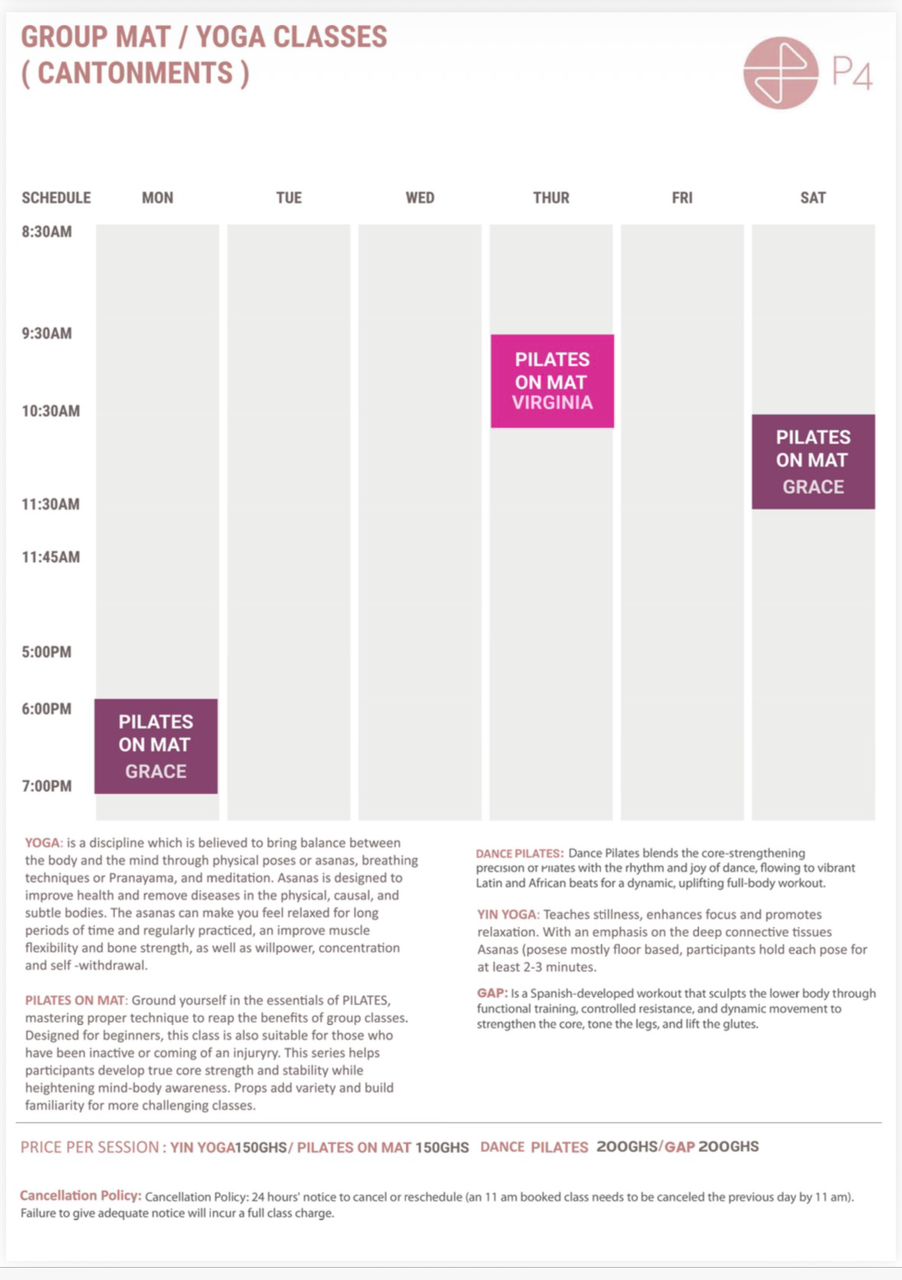 Scheduled calendar for Mat and Yoga classes