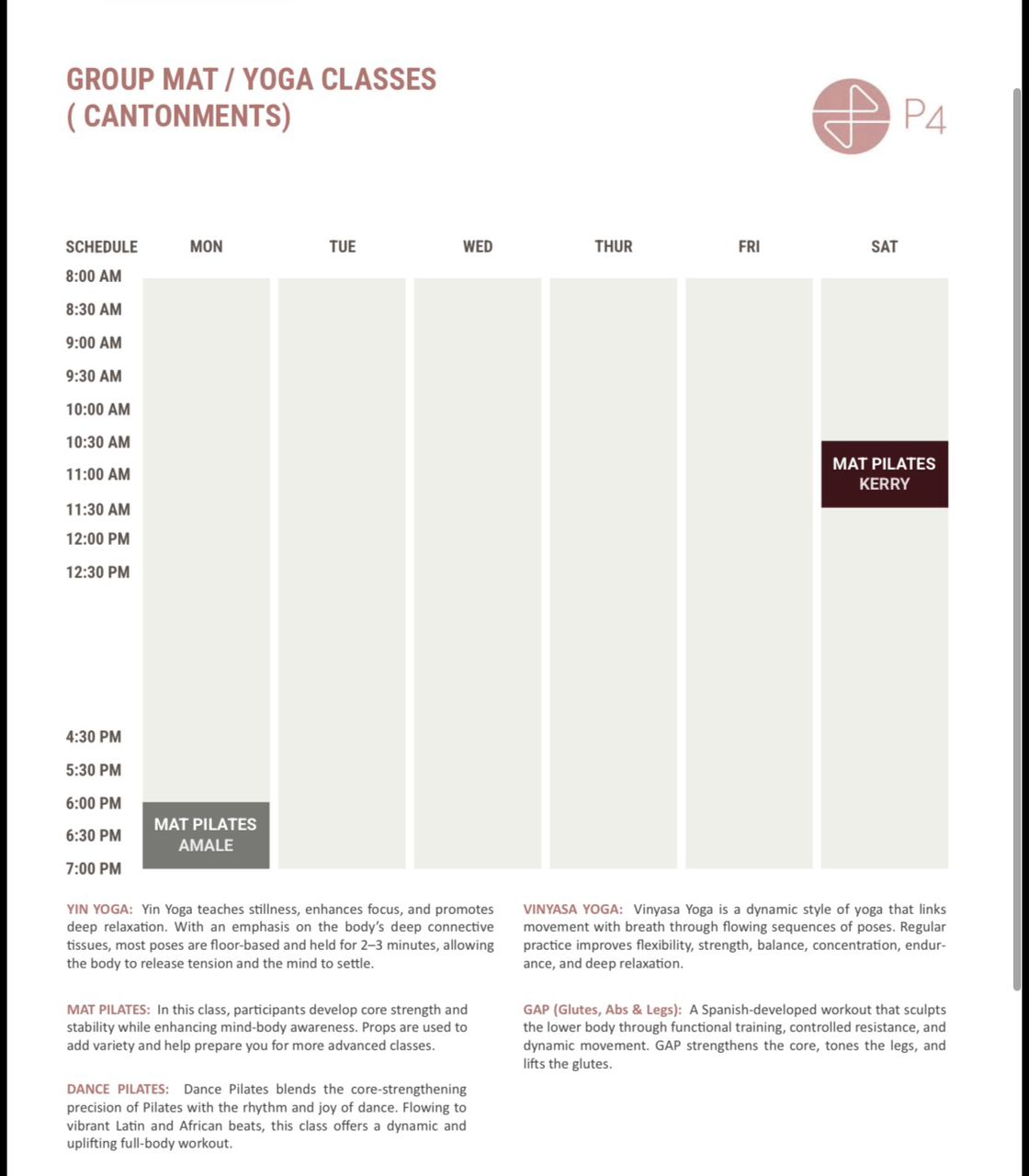 Scheduled calendar for Mat and Yoga classes