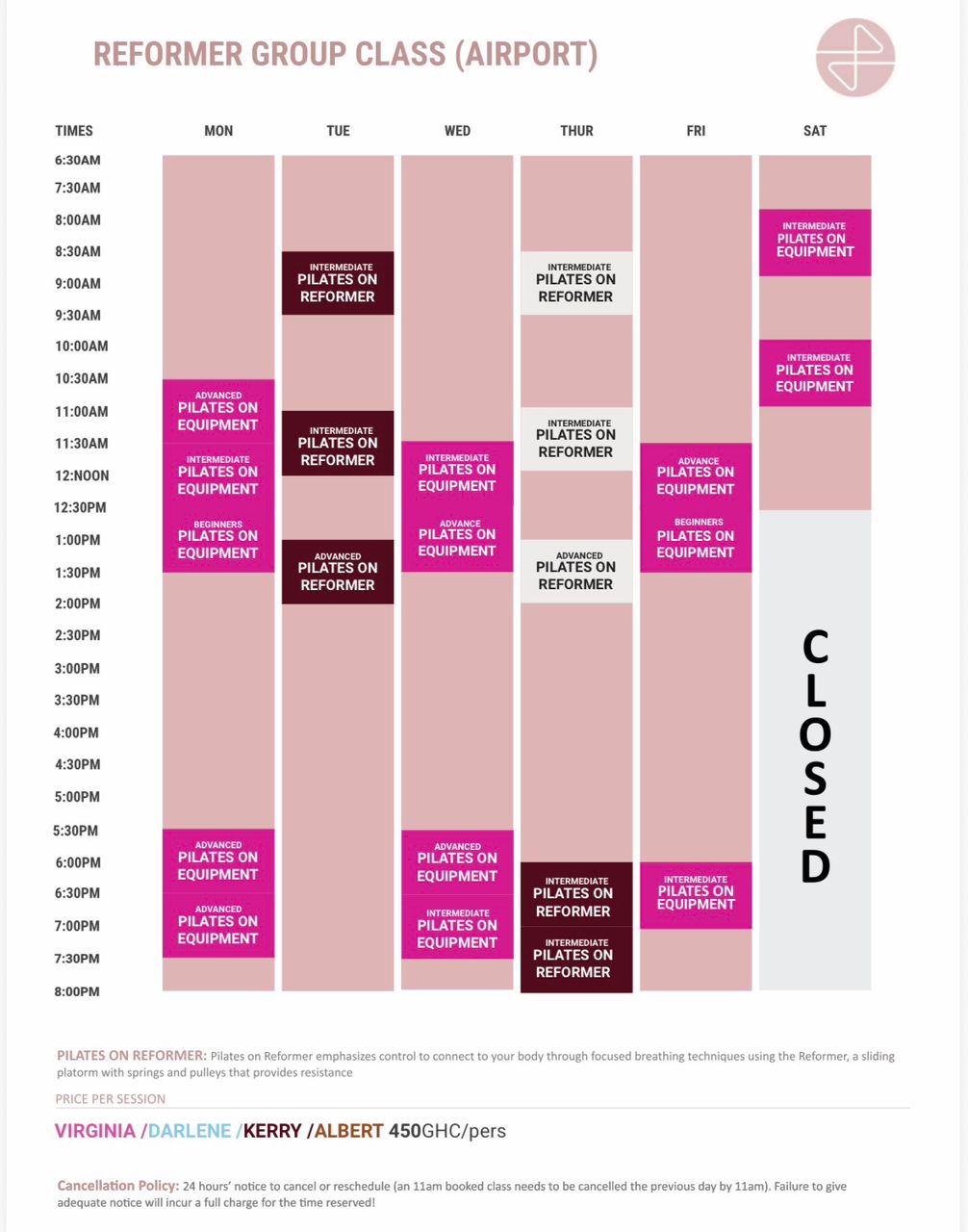 Scheduled calendar for Mat and Yoga classes