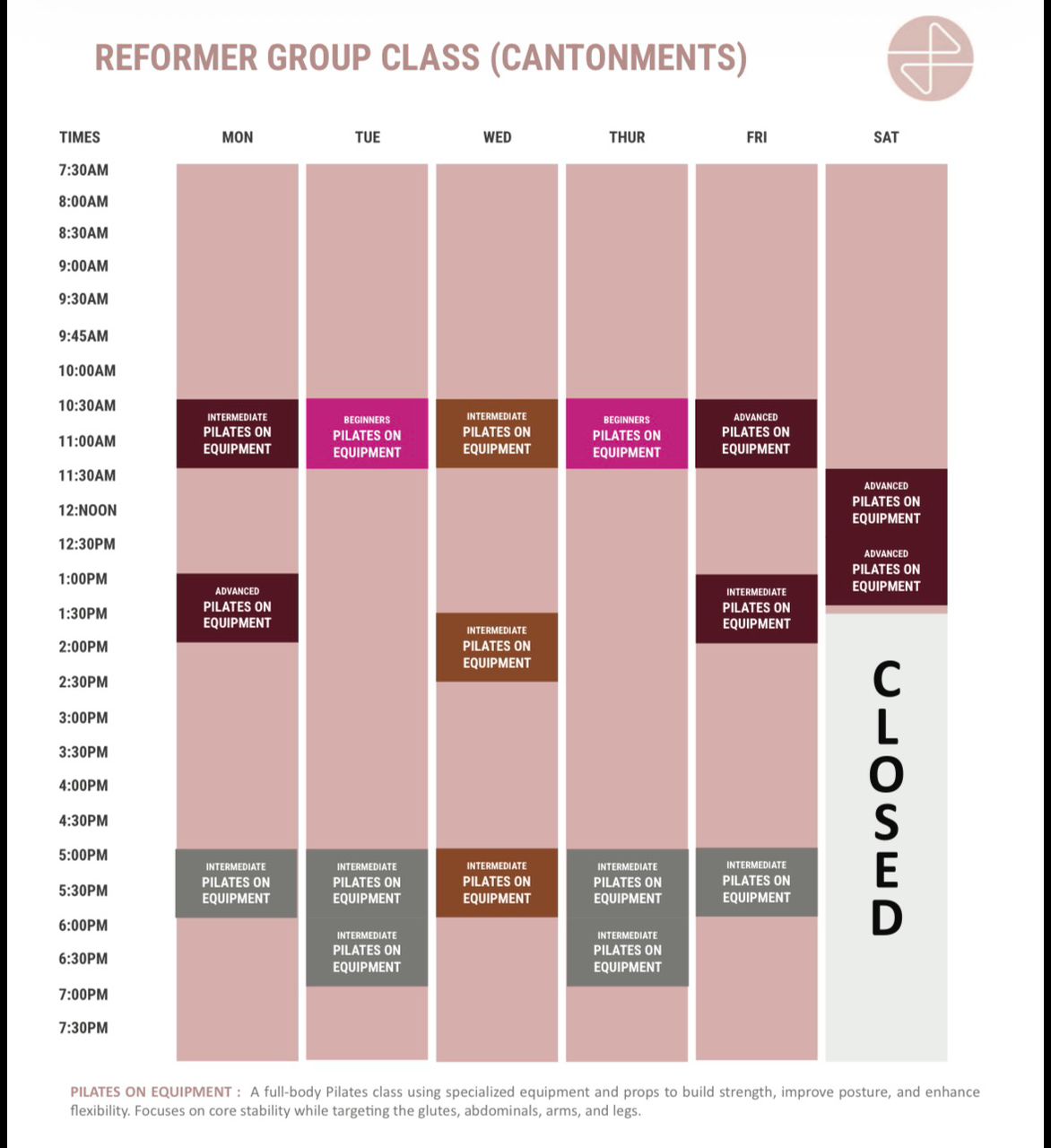 Scheduled calendar for Mat and Yoga classes