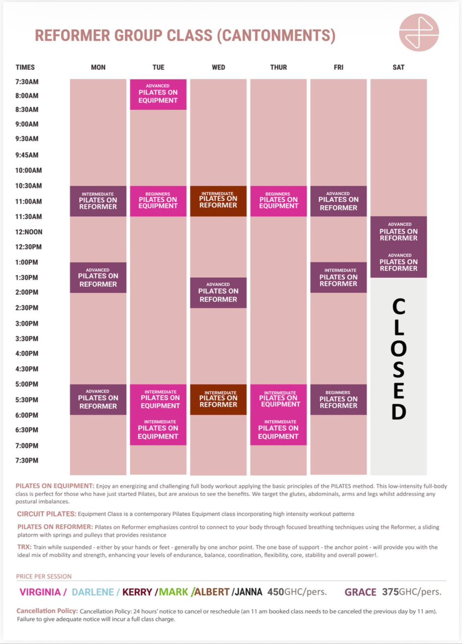 Scheduled calendar for Mat and Yoga classes